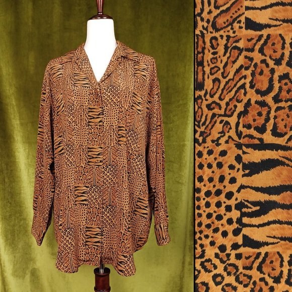 Vintage 90s Silky Mixed Animal Print Top, Large - Picture 1 of 9